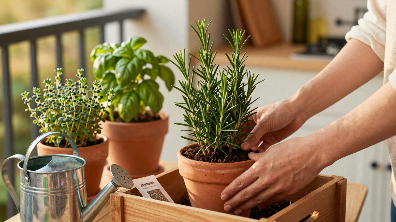 Person repotting a rosemary plant on a wooden tray with other potted herbs and a watering can nearby.