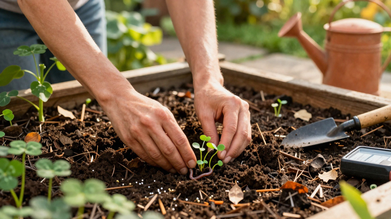 Hands planting seedlings in a raised garden bed with gardening tools and a watering can nearby.