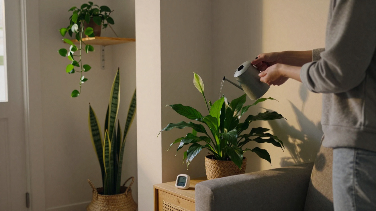 Person watering a green houseplant beside a grey sofa in a softly lit living room.