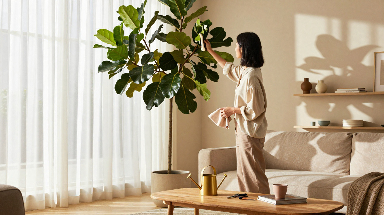 Woman tending to a large indoor fiddle leaf fig plant in a bright, modern living room with beige tones.