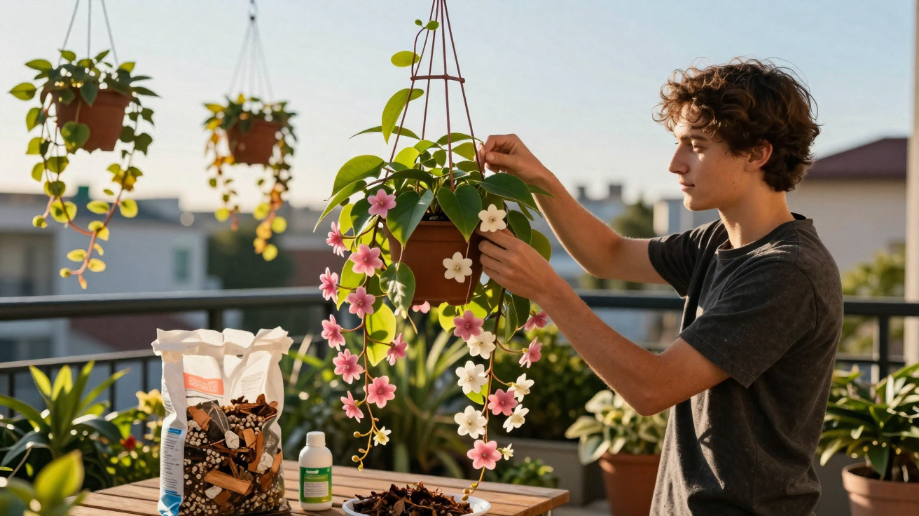 Young man tending to a hanging flowering plant on a sunlit balcony with gardening supplies on a wooden table.