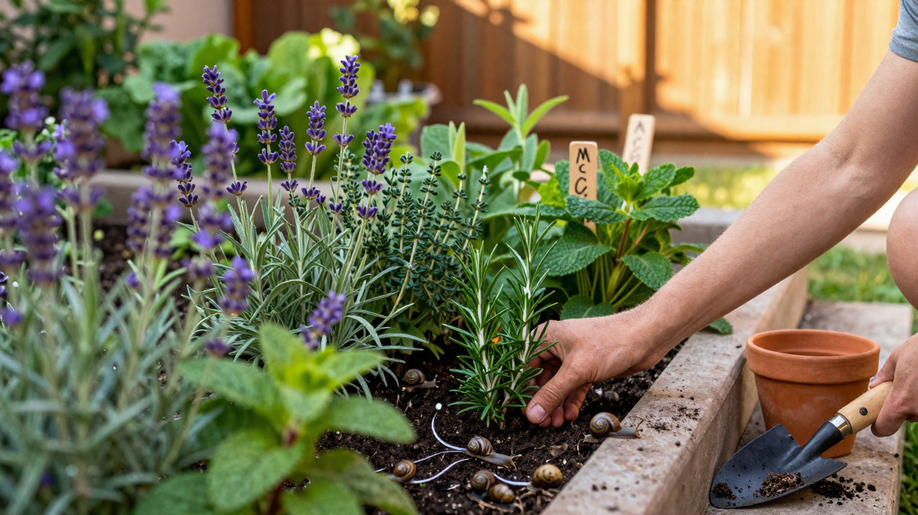Person tending to herbs and lavender in a raised garden bed with small snails on the soil.