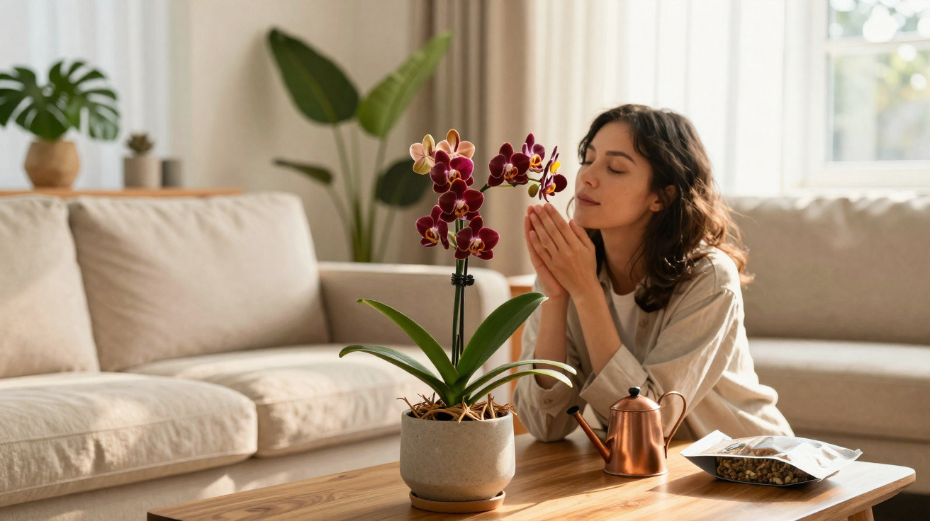 Woman enjoying the scent of a purple orchid on a wooden coffee table in a bright living room.