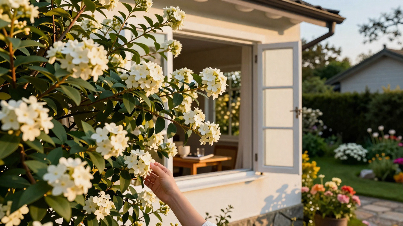 Hand reaching to smell white flowers on bush outside a sunlit house with open window and garden.