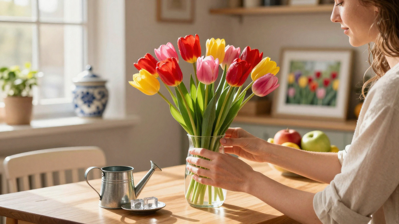 Woman arranging red, yellow, and pink tulips in a clear vase on a wooden kitchen table.