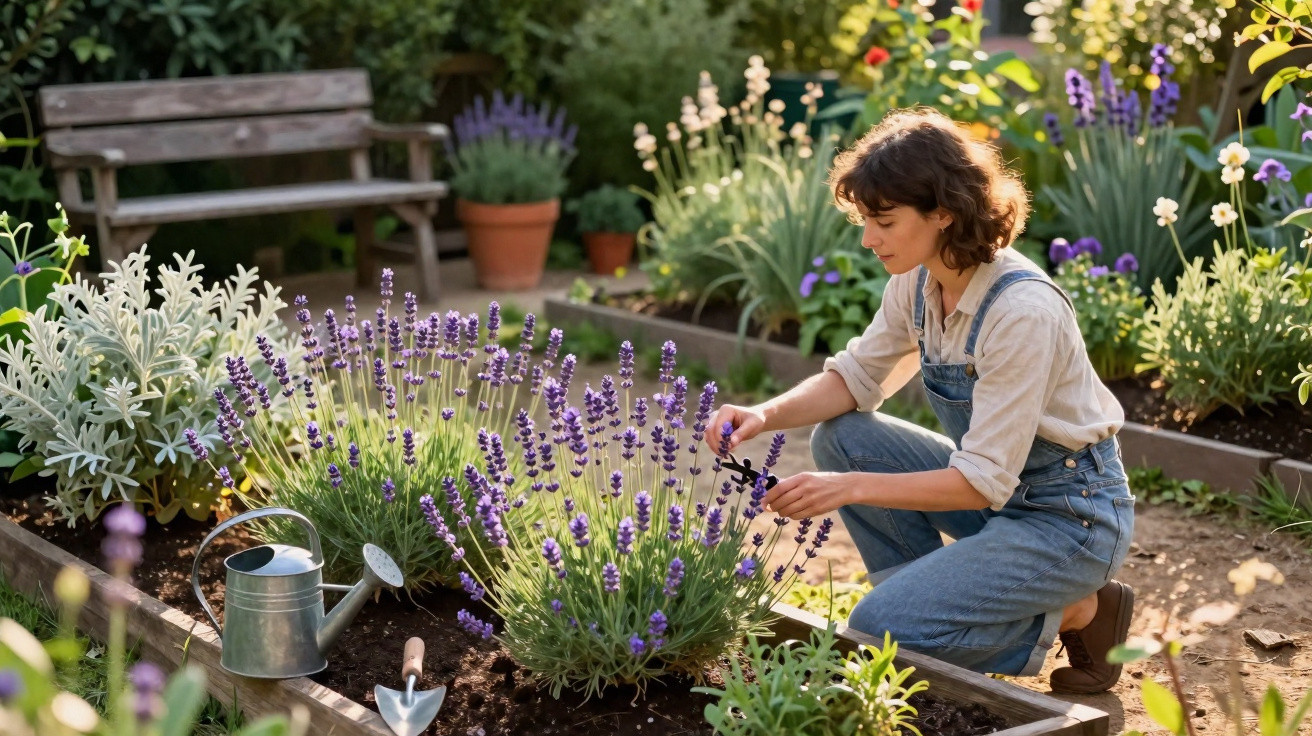 Woman in denim overalls pruning lavender plants in a sunny garden with a watering can and trowel nearby.