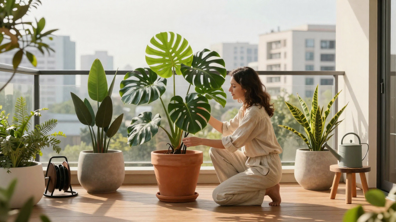 Woman tending to large potted monstera plant on sunny balcony surrounded by various houseplants and gardening tools