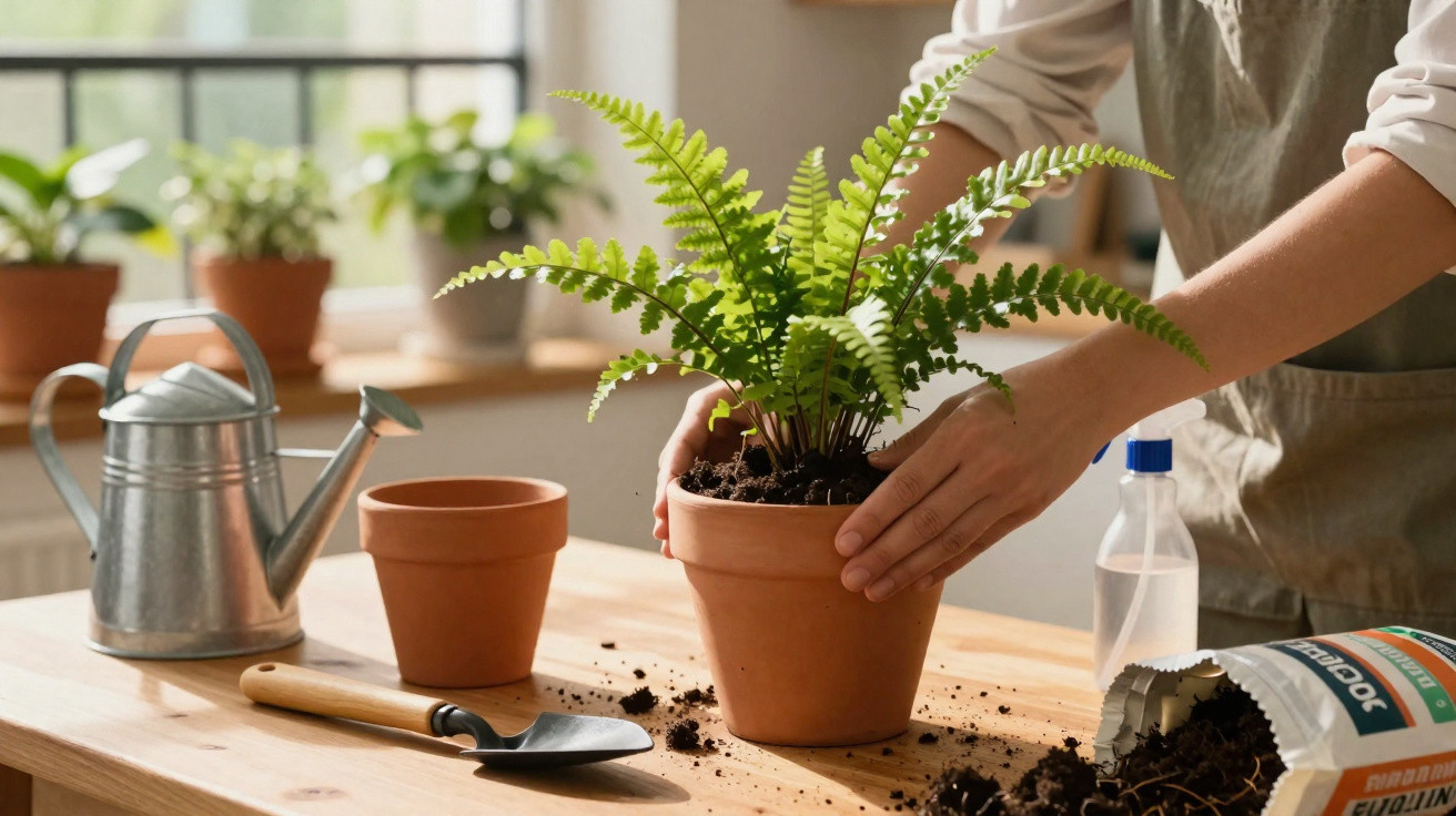Person repotting a green fern in a terracotta pot on a wooden table with gardening tools and soil.