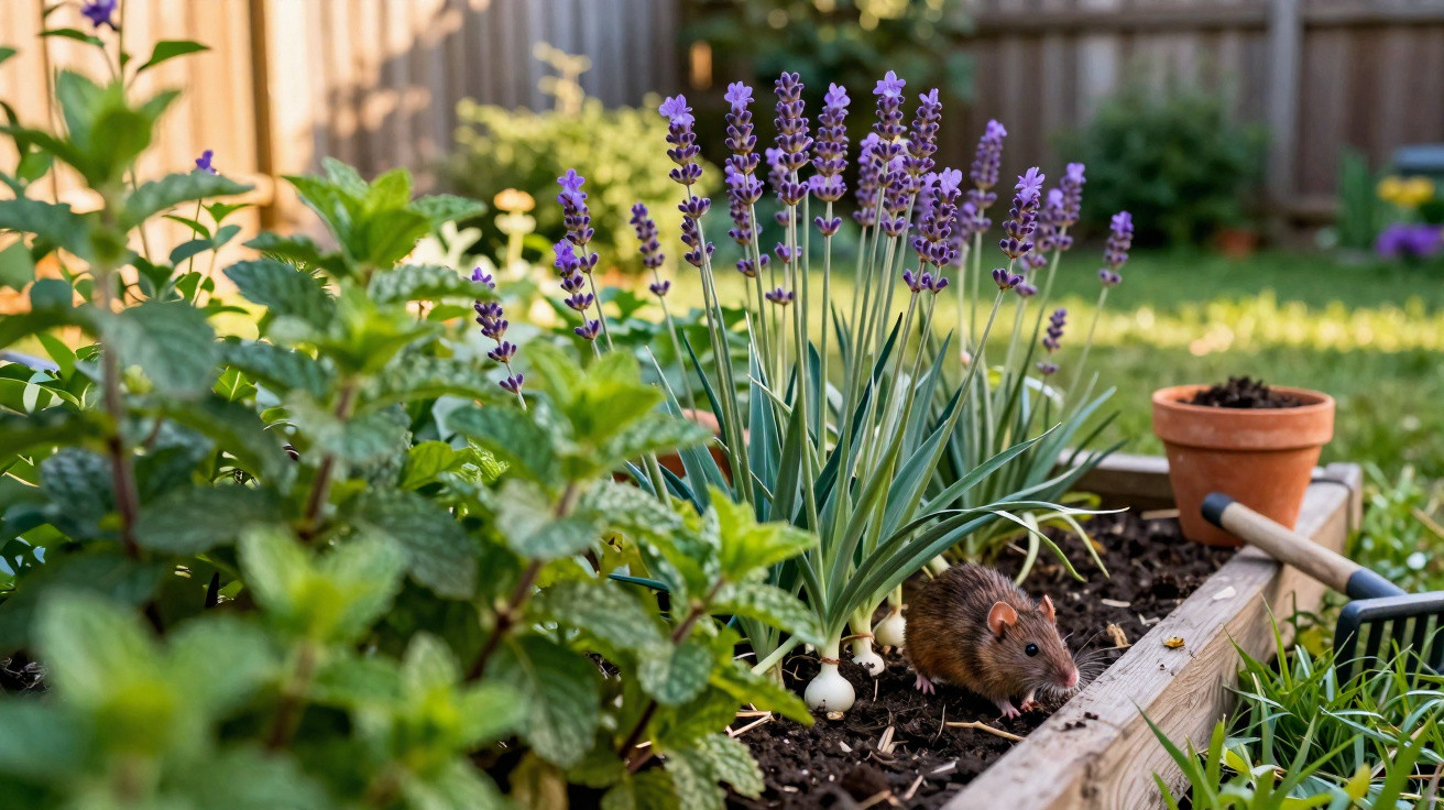 Brown rat amongst lavender and herbs in a raised garden bed with wooden fence in background.