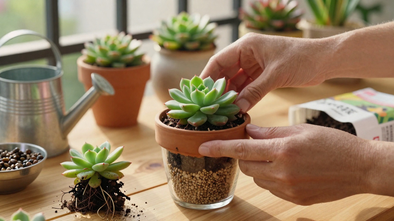 Hands planting a small green succulent in a glass pot with soil and pebbles on a wooden table.