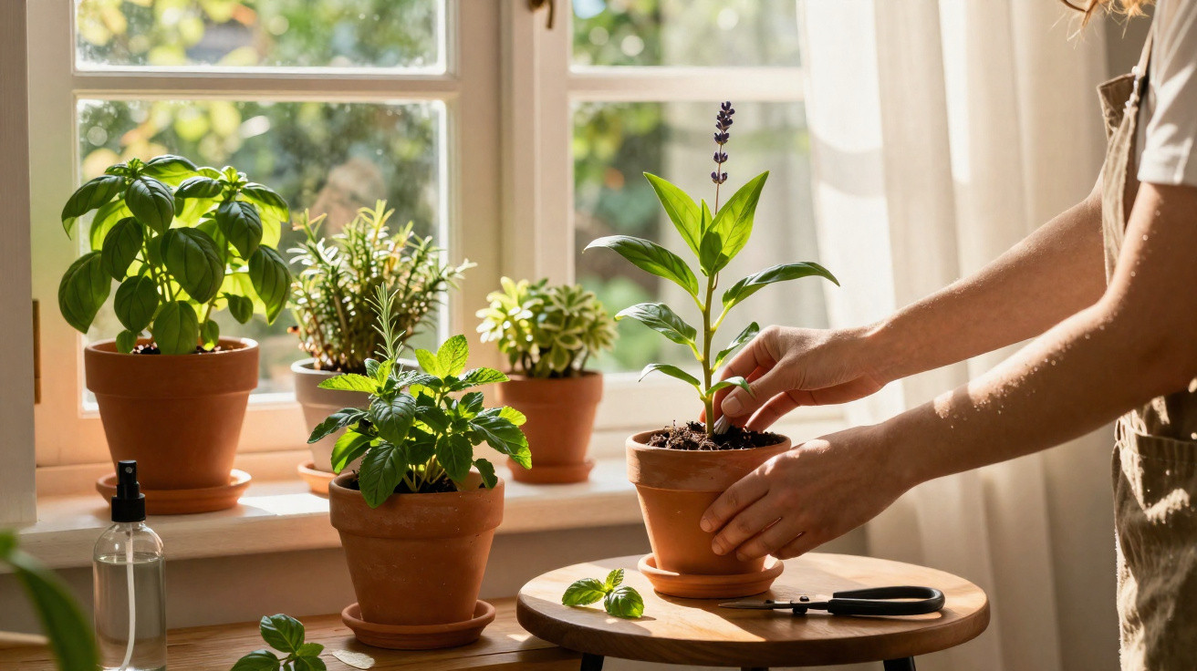 Person tending to potted herbs and plants on a wooden table by a sunlit window with beige curtains.