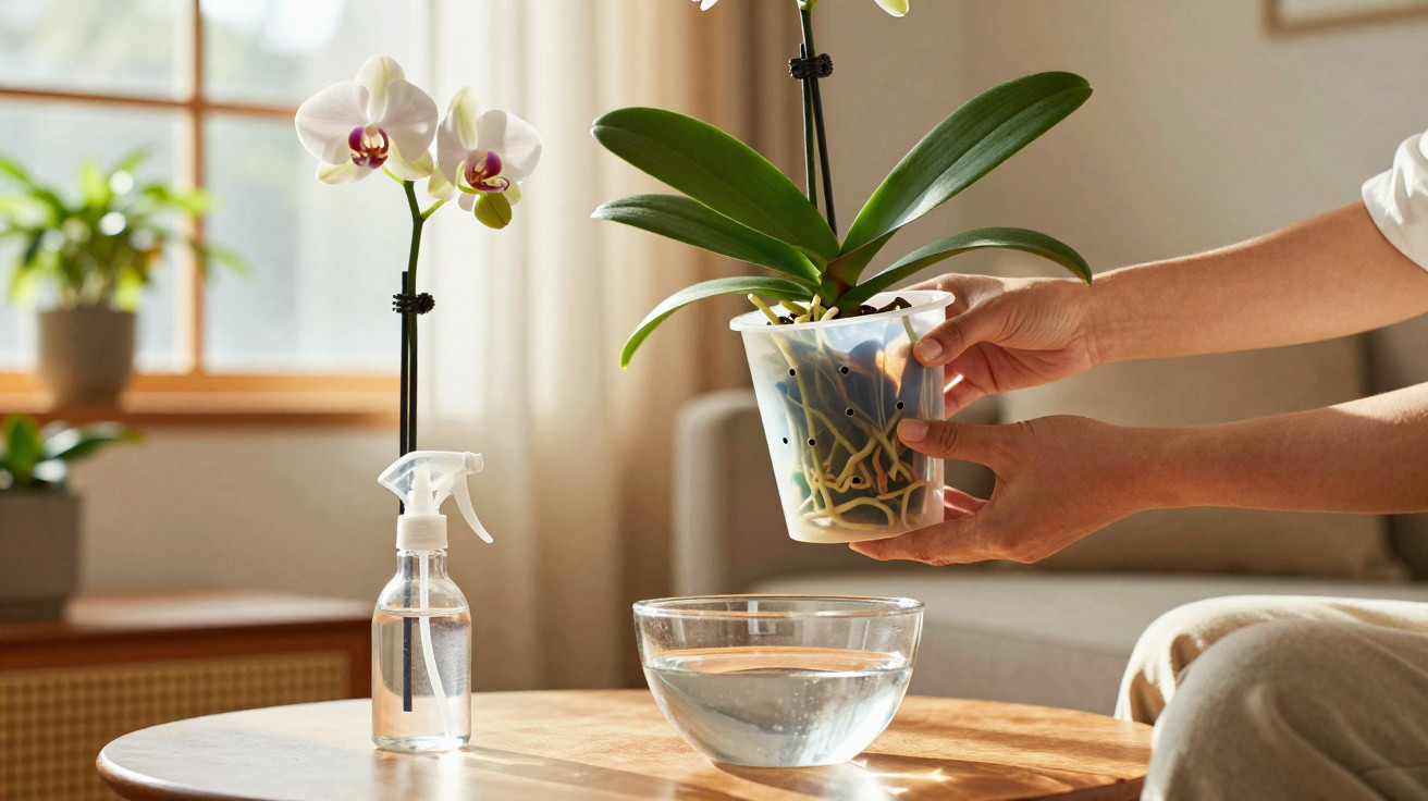 Hands holding a potted orchid plant over a water-filled bowl on a wooden table near a spray bottle.