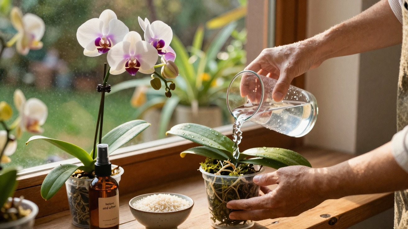 Person watering indoor orchids on a wooden windowsill with sunlight and gardening supplies nearby.