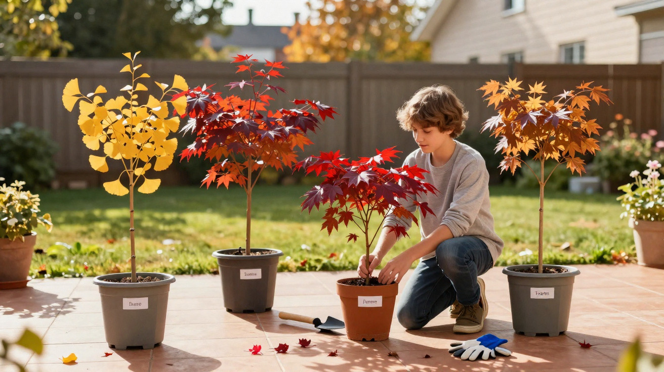 Child kneeling on a patio planting a small red maple tree among three other potted colourful autumn trees.