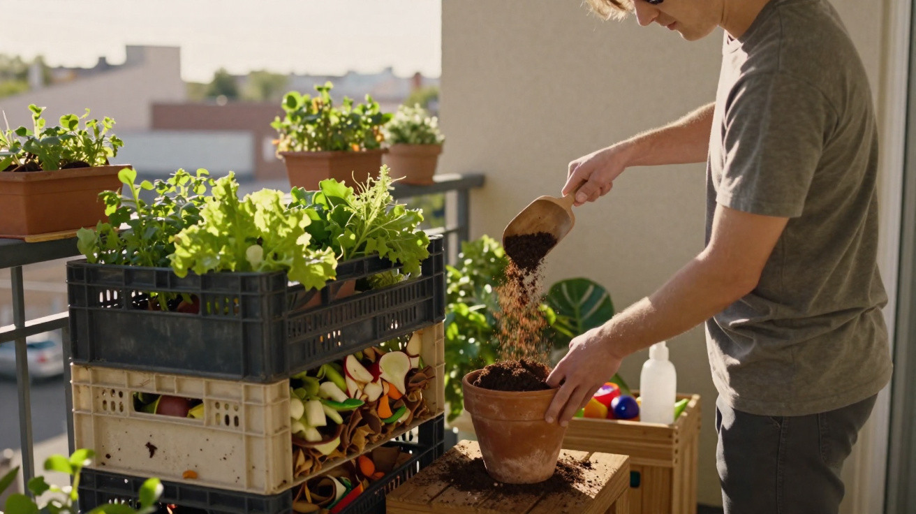 Person filling a terracotta pot with soil on a balcony surrounded by plants and vegetable scraps in crates.