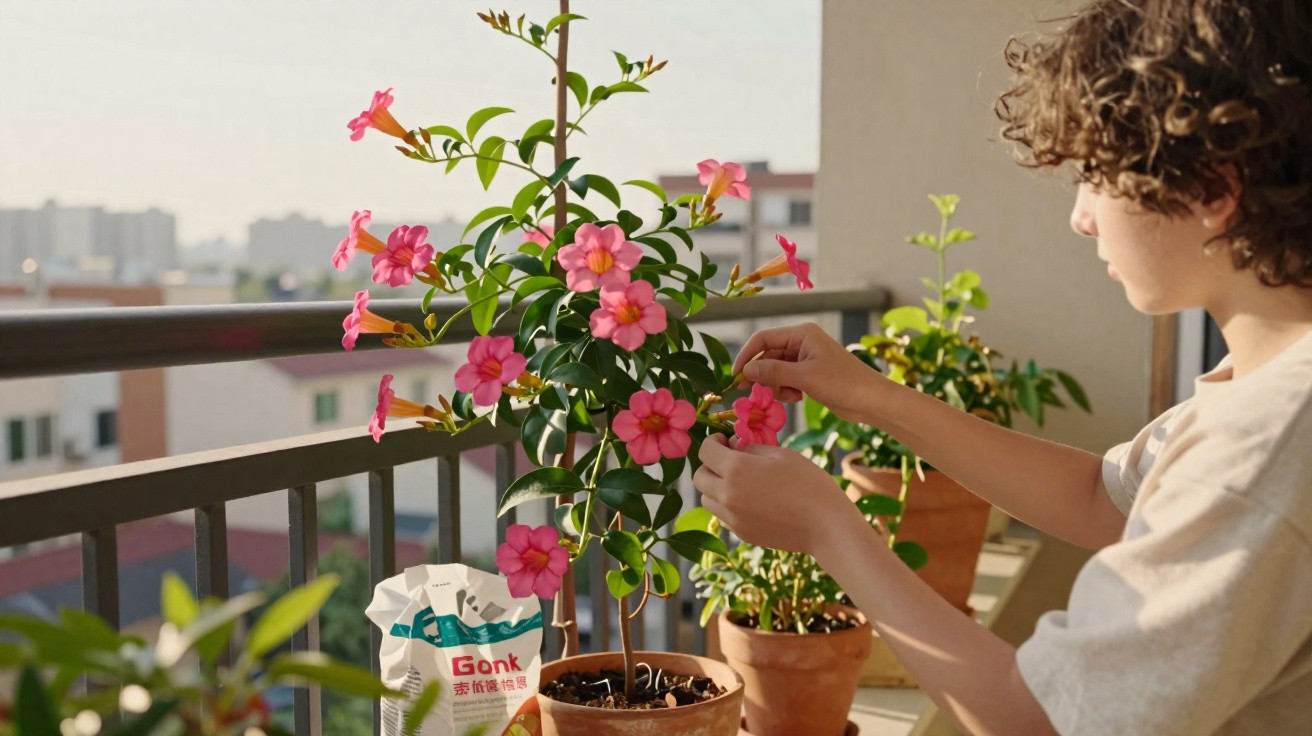 Person tending to pink flowering plant on a sunny balcony with cityscape backdrop