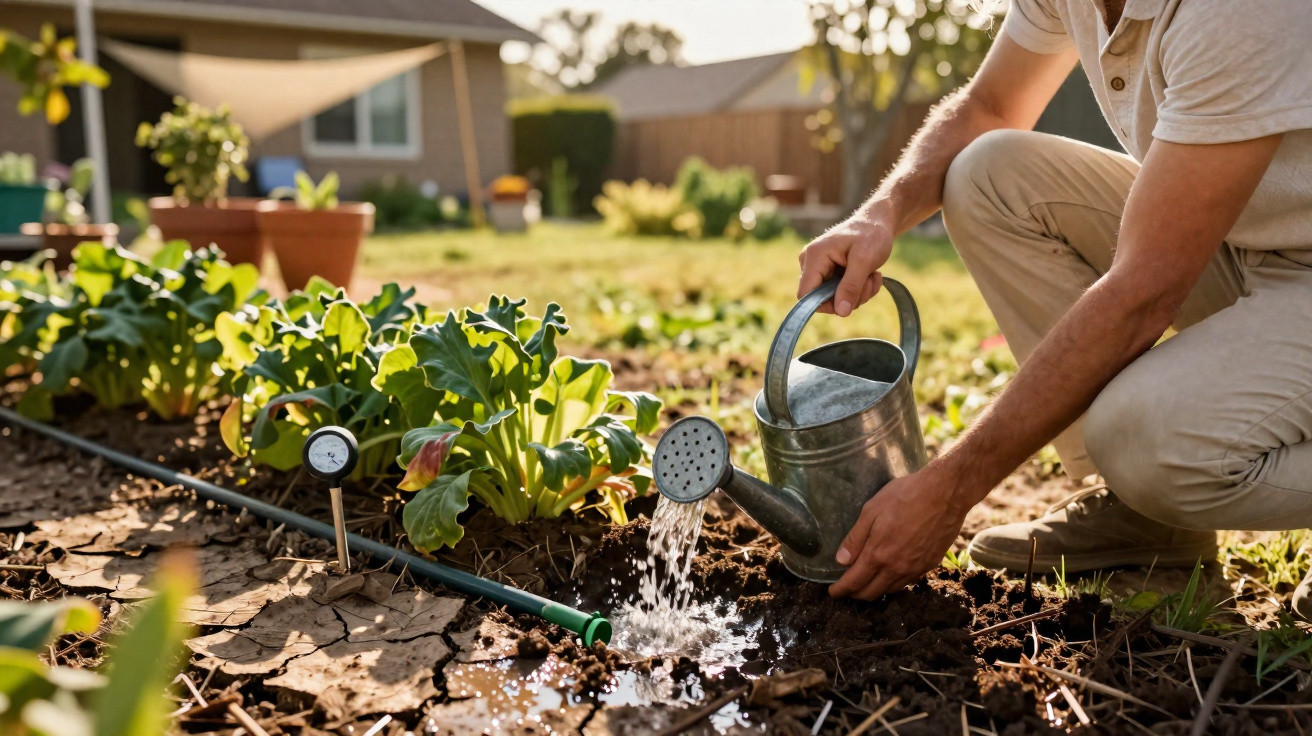 Person watering plants in a vegetable garden with a metal watering can on a sunny day.