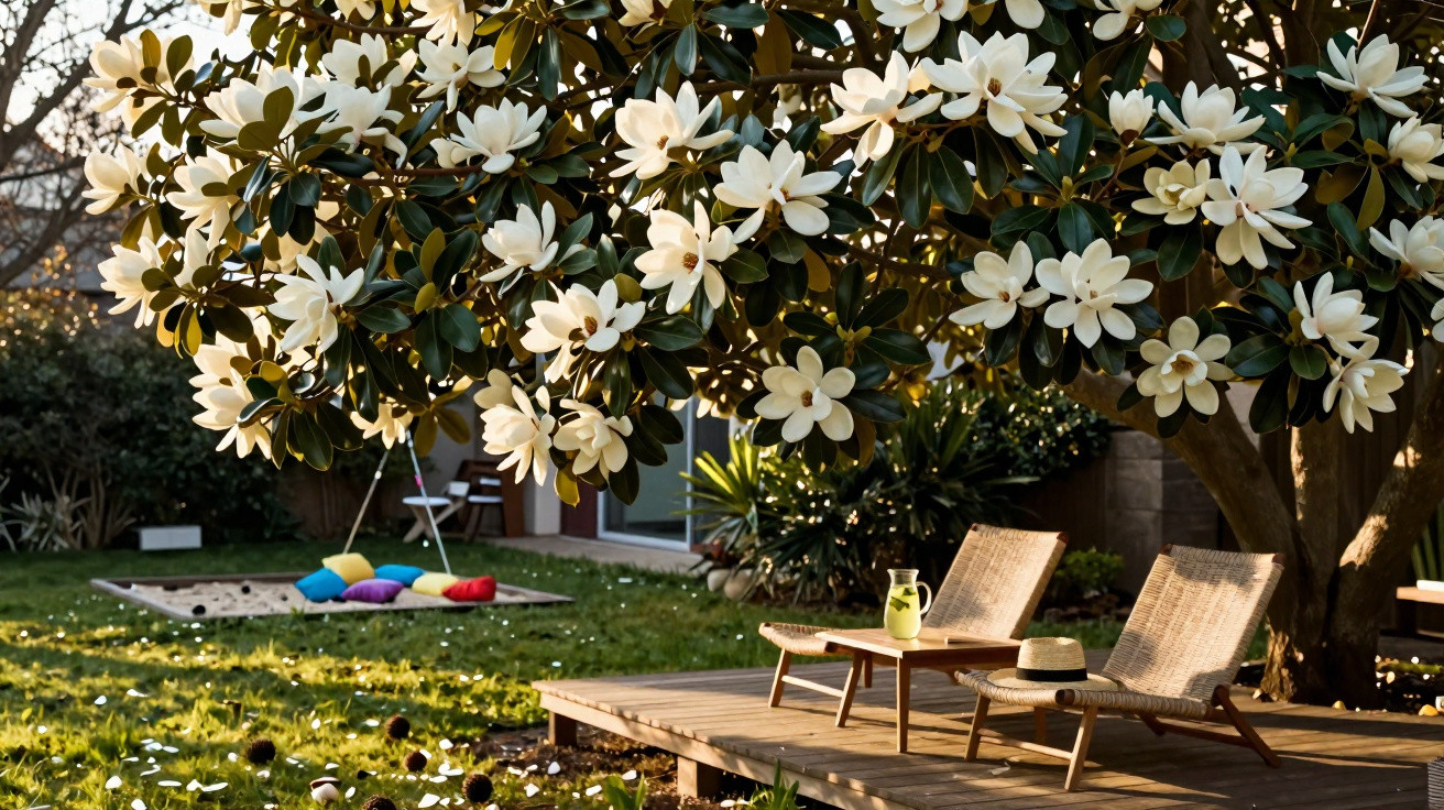 Magnolia tree in bloom shading two wooden lounge chairs and a table on a deck in a sunny garden.