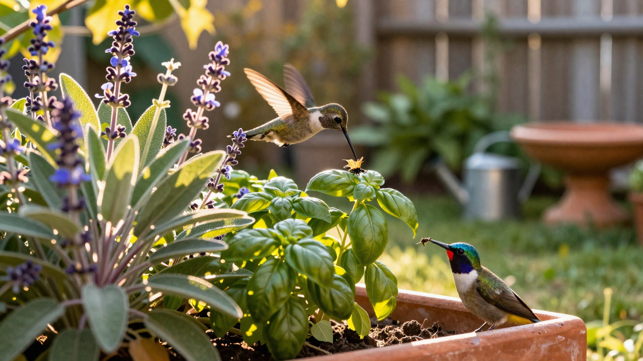 Two hummingbirds feeding on flowers growing in a terracotta planter in a sunlit garden.