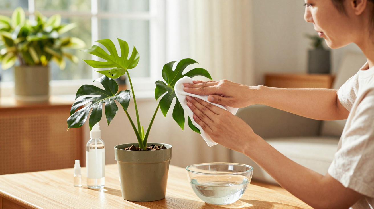 Person cleaning Monstera plant leaves with a cloth beside a bowl of water on a wooden table indoors.