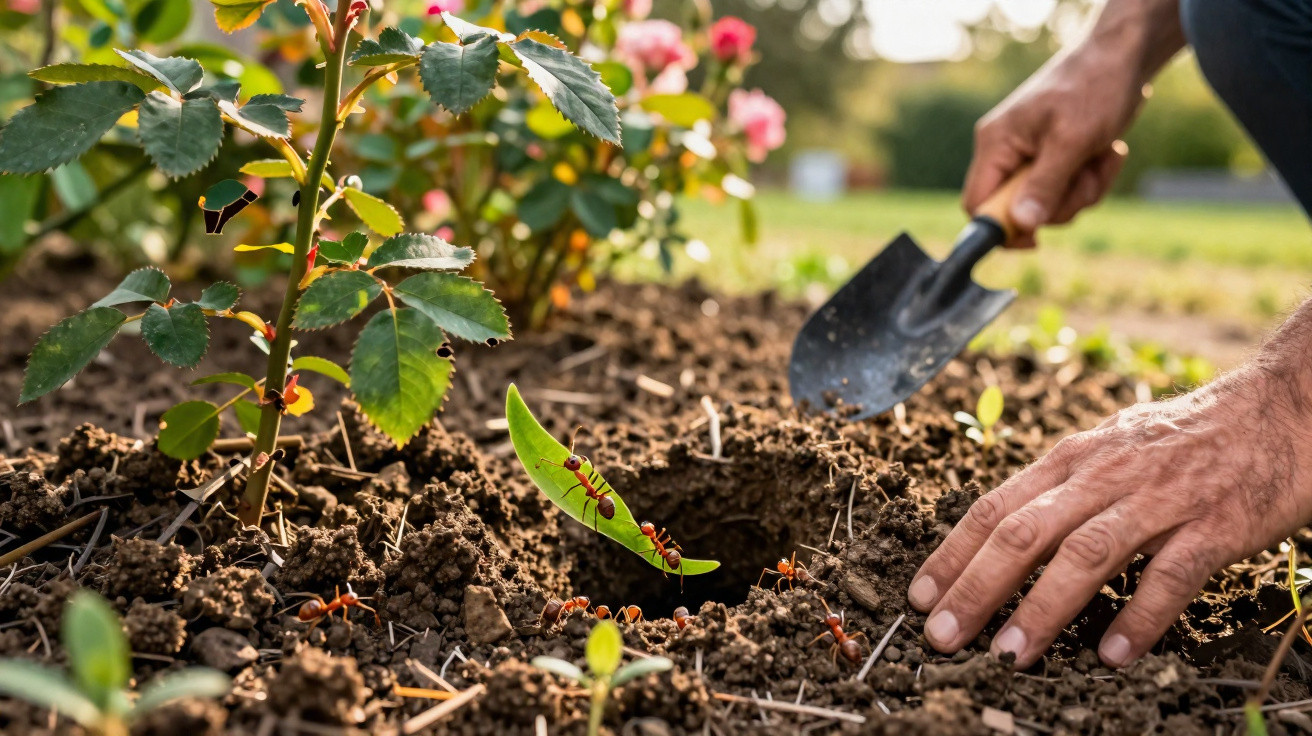 Close-up of a person gardening with a small spade, surrounded by ants crawling on soil and plant leaves.