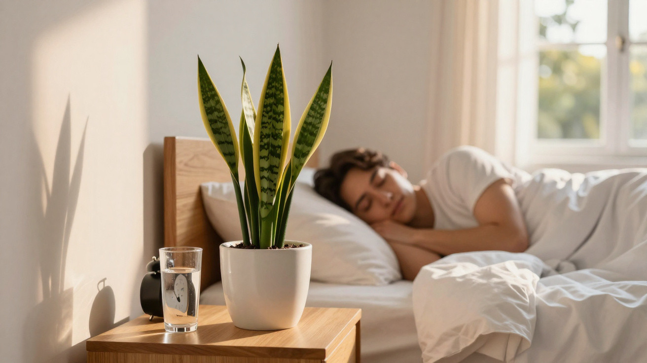 Potted snake plant, glass of water and alarm clock on bedside table with a person sleeping in the background.