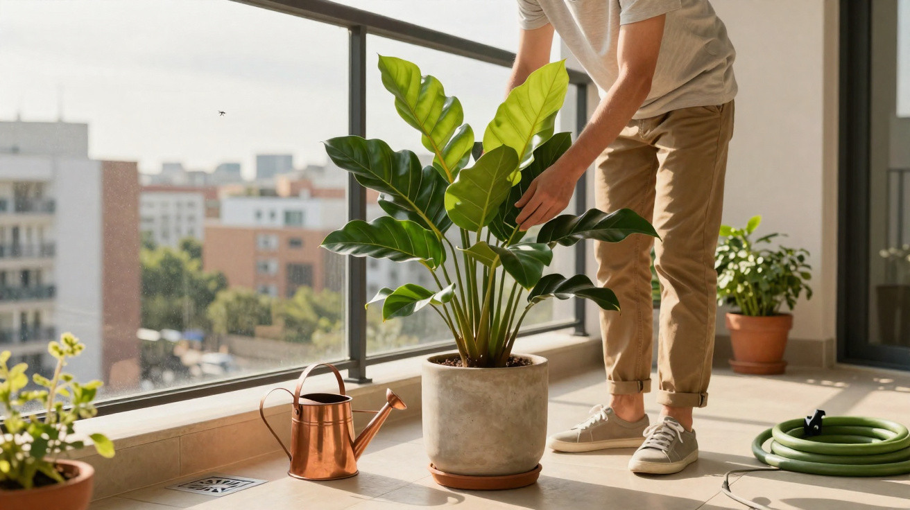 Person tending to a large potted plant on a sunlit balcony with city buildings in the background.