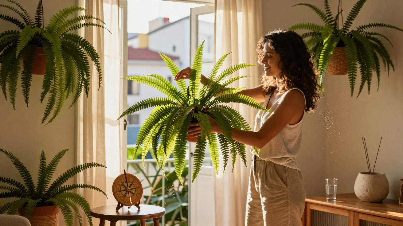 Woman tending to a hanging fern plant in a sunlit room with beige curtains and wooden furniture.
