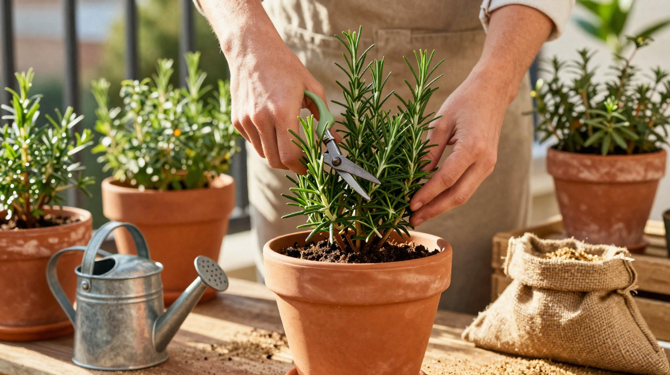 Person pruning a rosemary plant in a terracotta pot on a sunlit wooden table.