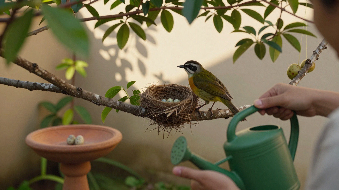 Bird perched on a branch near a nest with eggs while a person holds a green watering can nearby.