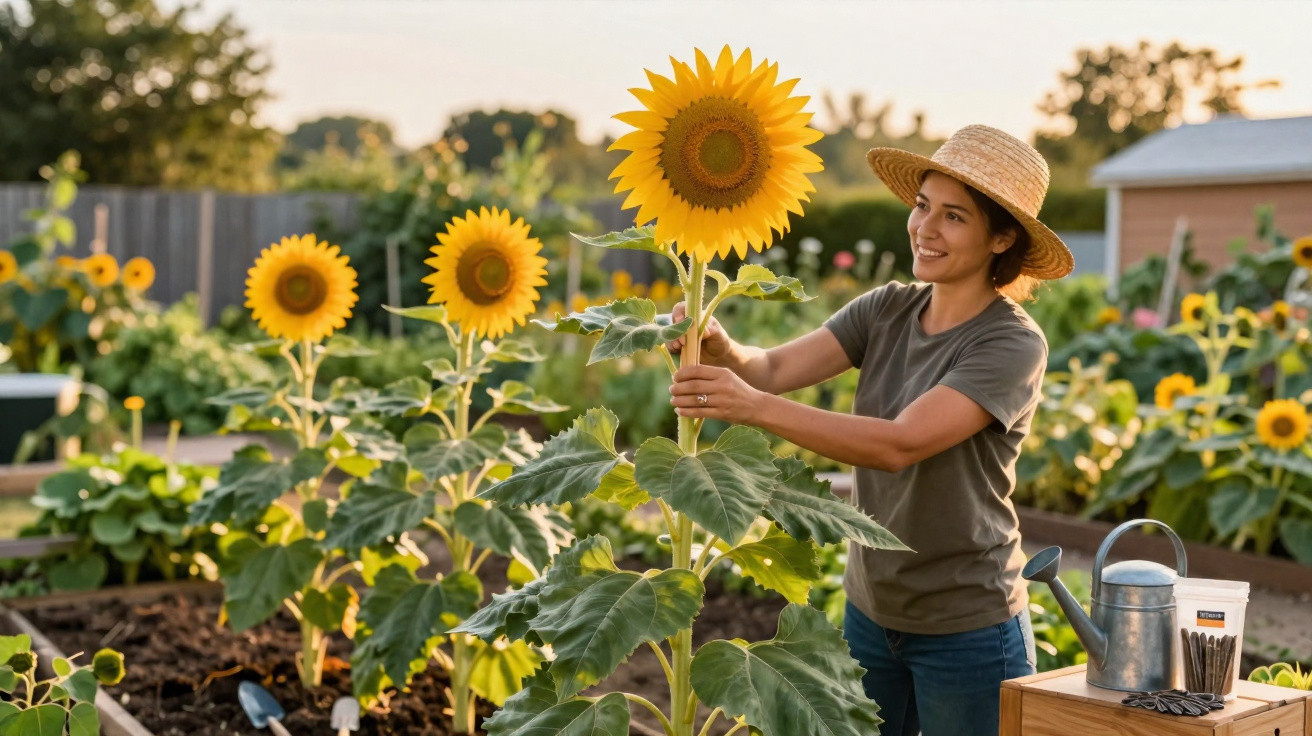 Woman in a straw hat tending a large sunflower in a sunny garden with raised flower beds.
