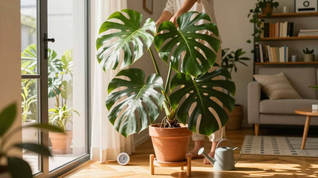 Person tending to a large monstera plant in a sunlit living room with wooden flooring and cosy furniture.
