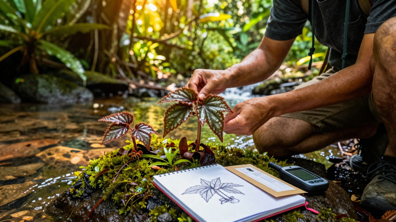 Person examining a tropical plant near a stream with a botanical sketchbook and GPS device on mossy rock.