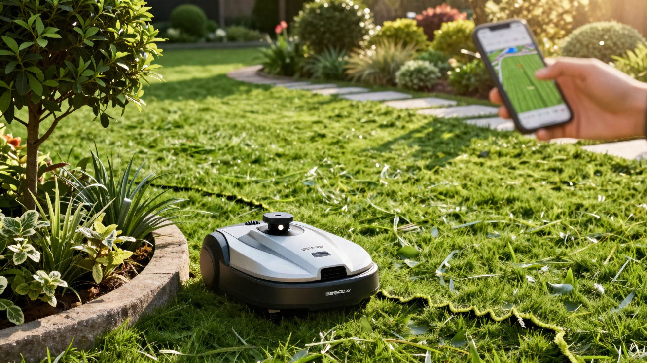 Robotic lawn mower cutting grass in a garden, controlled remotely by smartphone app in hand.