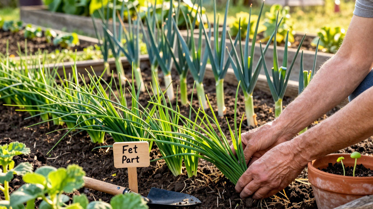 Hands harvesting fresh green onions in a vegetable garden bed labelled "Fet Part" with gardening tools nearby.