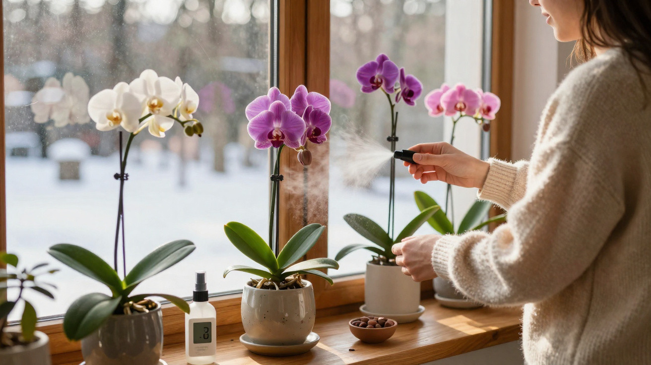 Person misting blooming white and pink orchids on a wooden windowsill with a snowy outdoor view.