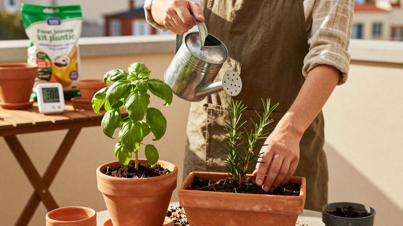 Person watering potted basil and rosemary plants on a balcony using a metal watering can.