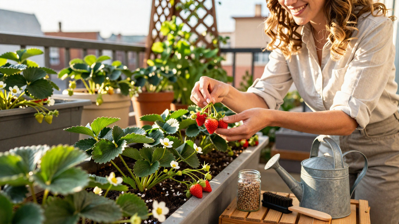 Woman harvesting ripe strawberries from a balcony garden in a rectangular planter on a sunny day.