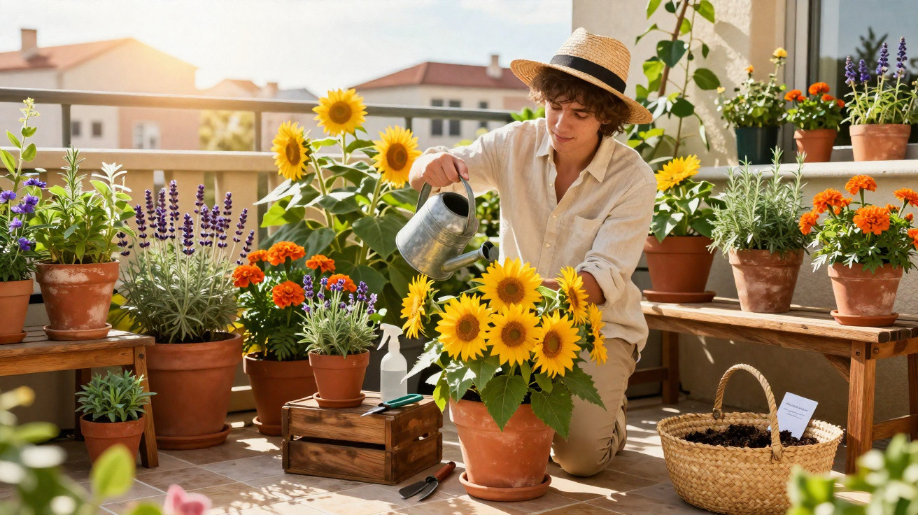 Young person wearing a straw hat watering sunflowers on a sunny balcony filled with potted plants.