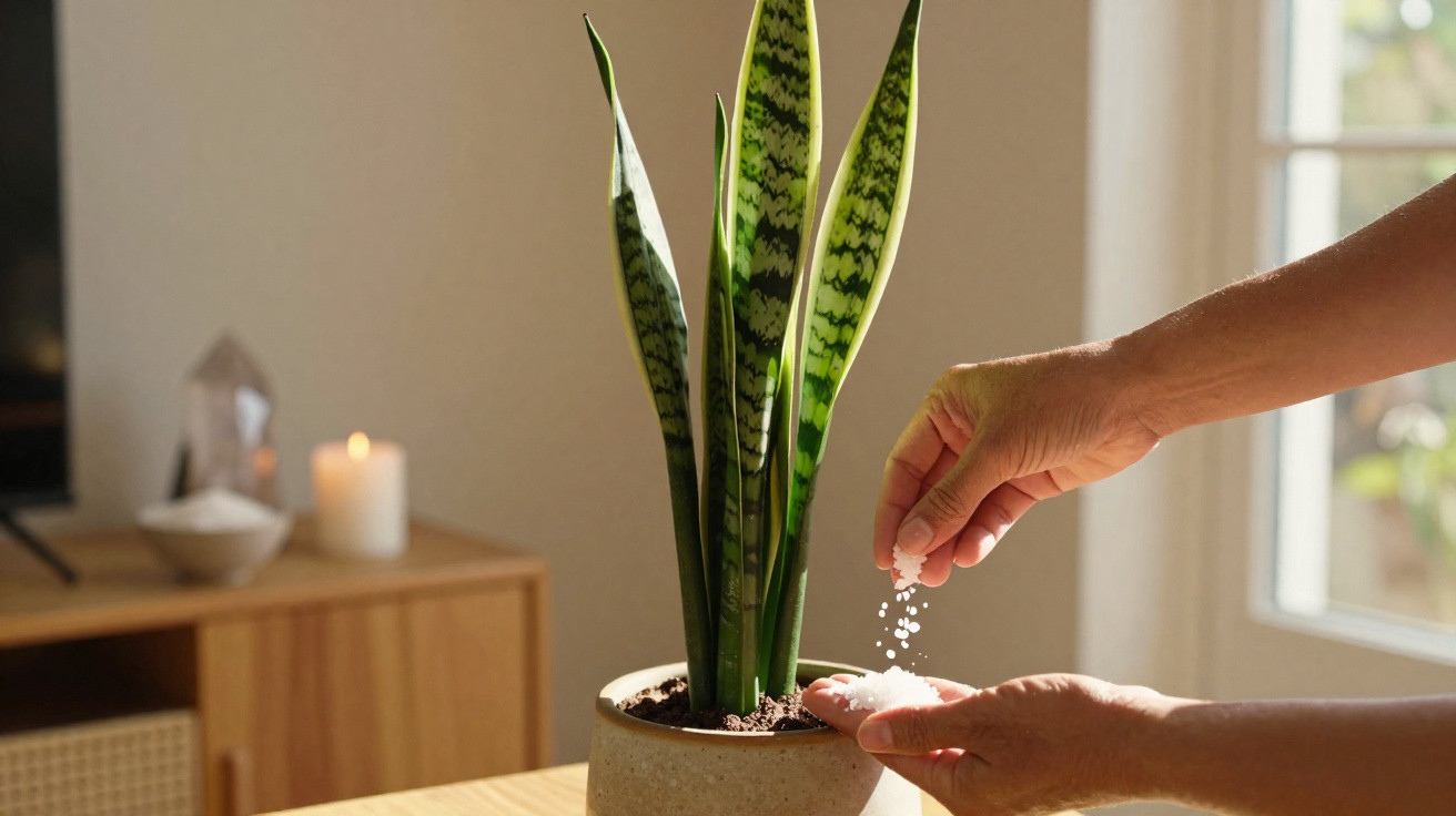 Person sprinkling white granules onto a potted snake plant on a wooden table in a sunlit room.