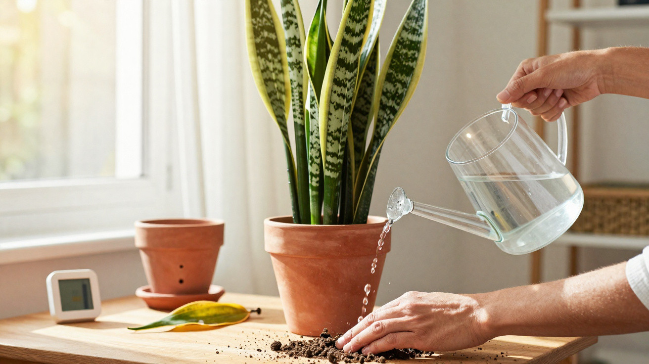 Person watering a snake plant in a terracotta pot on a wooden table near a window.