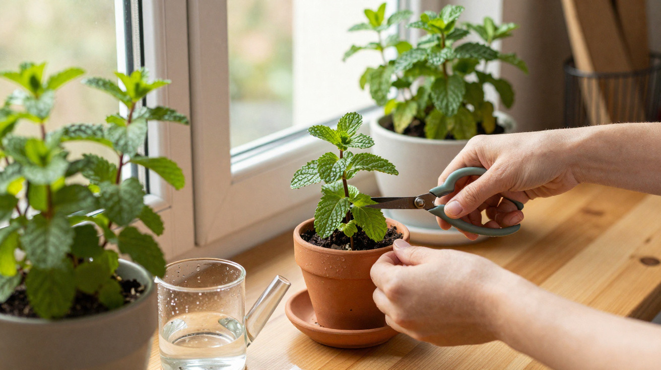 Hands pruning a small mint plant in a terracotta pot on a wooden windowsill with other potted plants nearby.