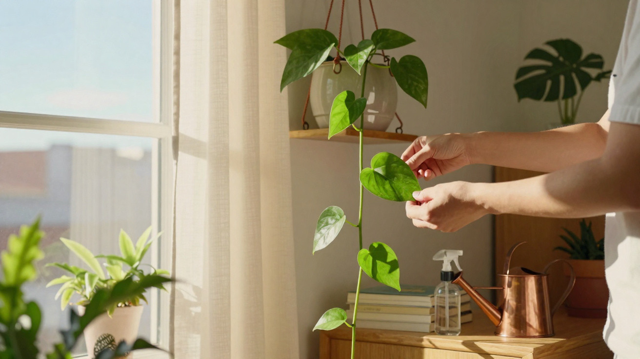 Hands tending to a trailing houseplant near a sunlit window with pots and watering tools on a wooden chest.