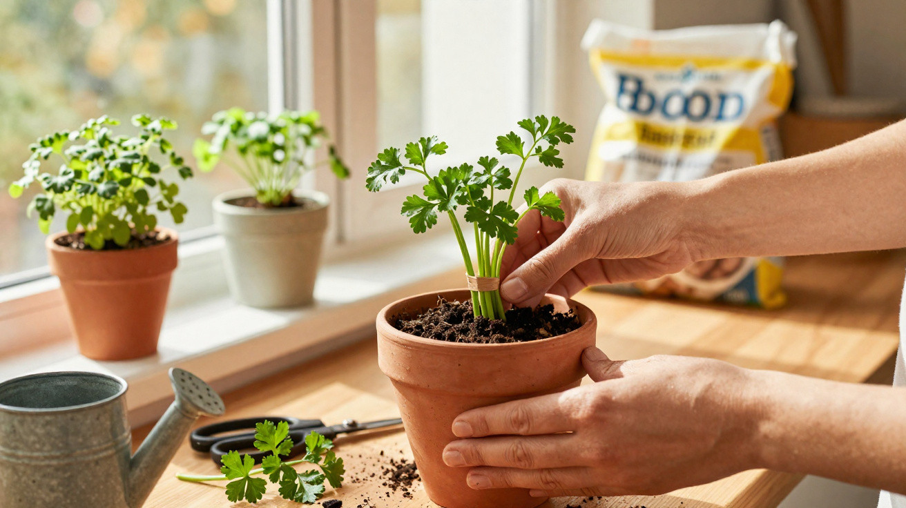 Hands planting fresh parsley seedlings in a terracotta pot on a wooden table by a window.