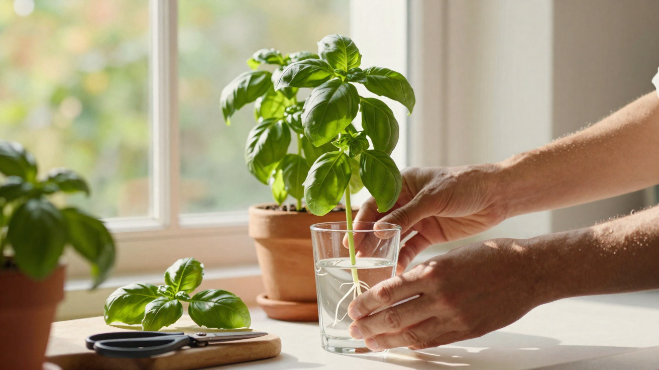Hands propagating a basil plant in a glass of water on a sunlit windowsill with potted herbs nearby.
