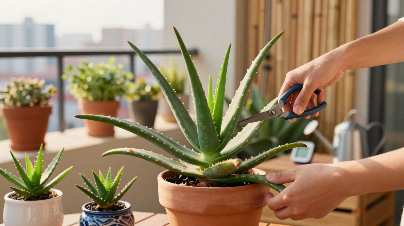 Person trimming a large aloe vera plant in a terracotta pot on a sunlit balcony with other potted plants.