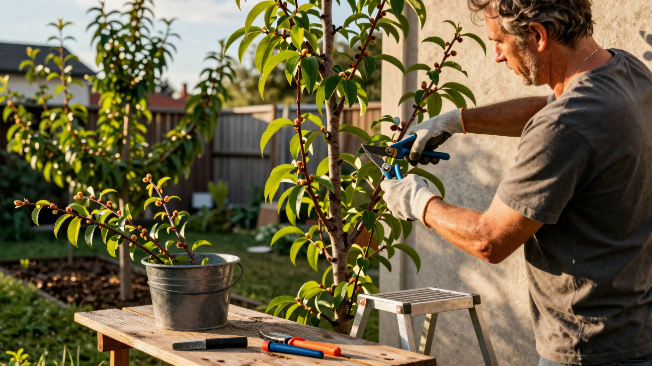Man pruning a fruit tree with secateurs in a sunny garden next to a wooden table with gardening tools.