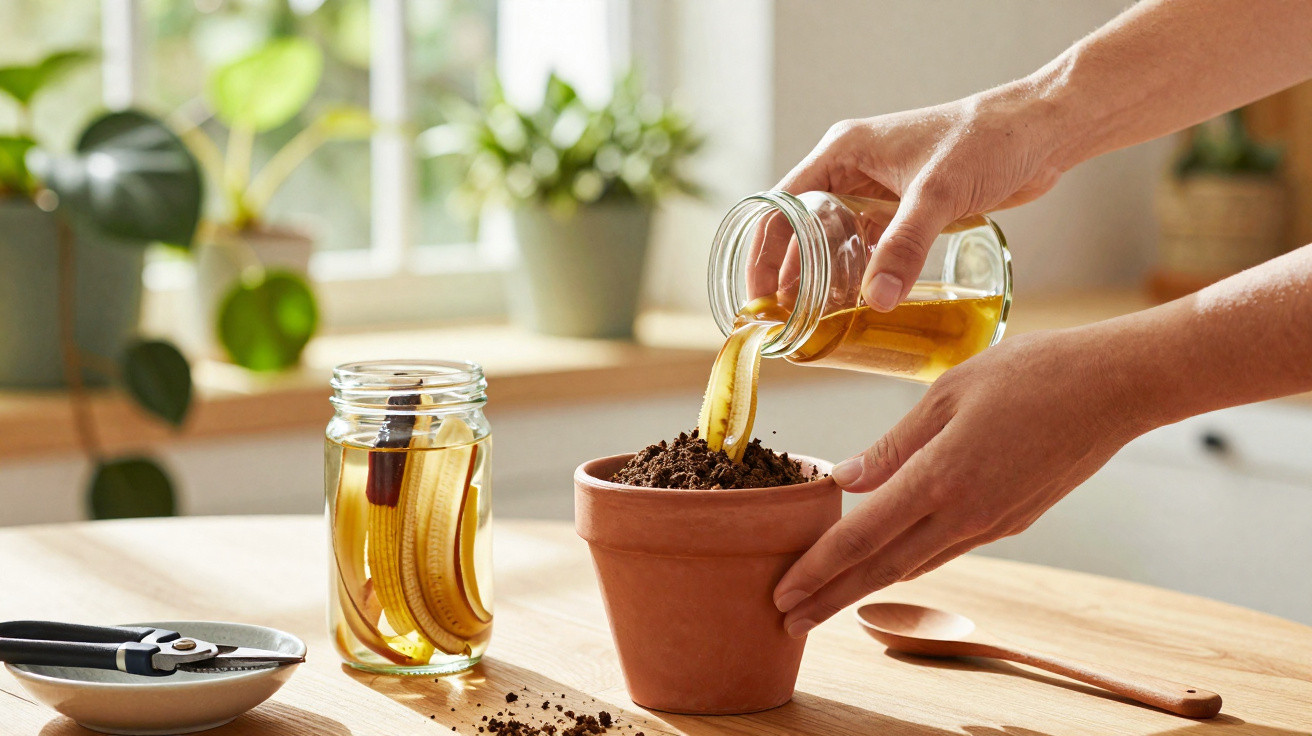 Hands planting a banana peel in a pot filled with soil on a wooden table near window and plants.