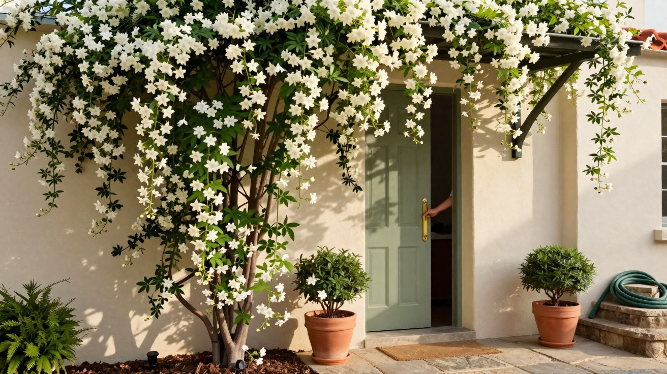 Front door of beige house with blooming white jasmine vine and two potted topiary plants on stone porch