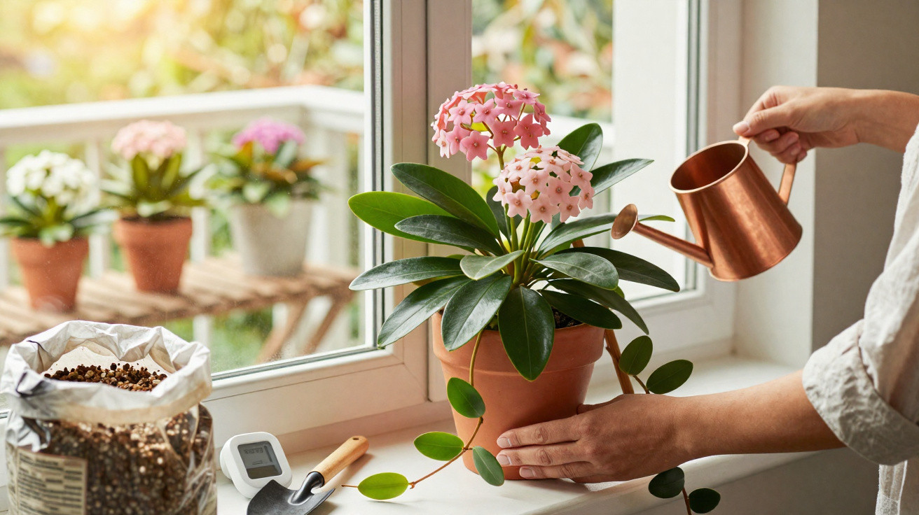 Person watering a pink flowering potted plant on a sunlit windowsill with gardening tools nearby.